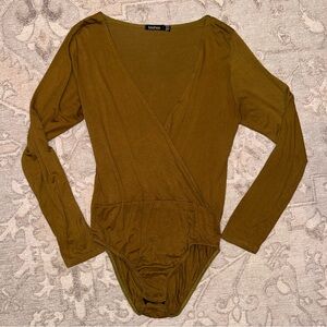 Boohoo Green Long Sleeve Wrap Bodysuit